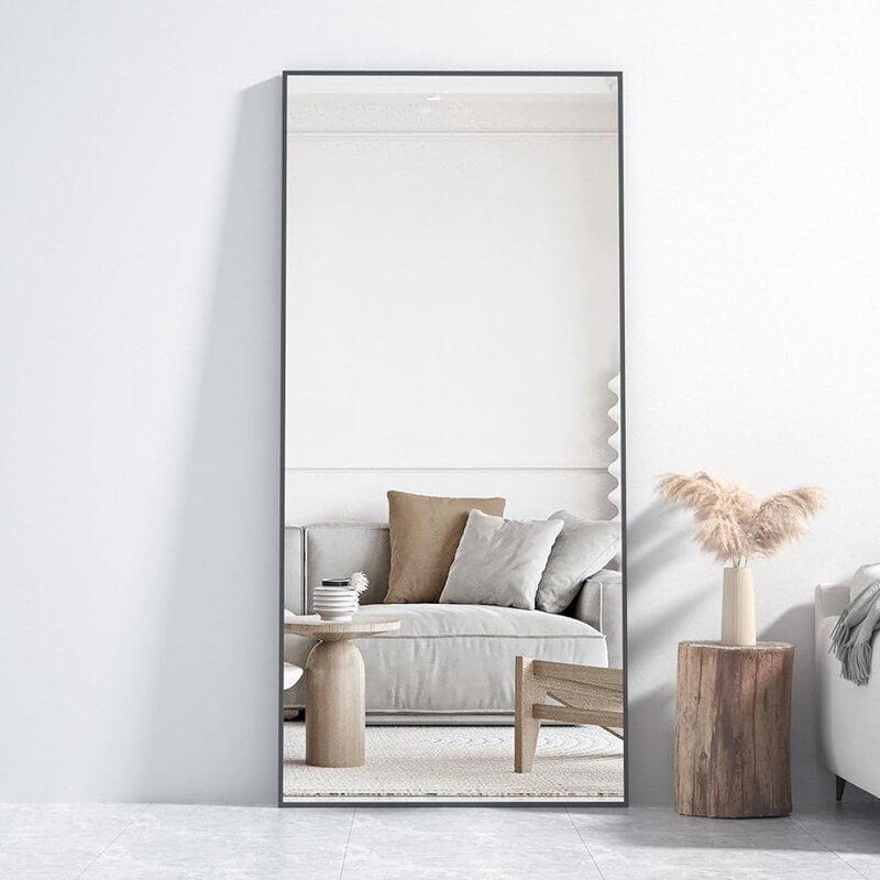 كامل طول الكلمة مرآة قائمة كبيرة ، مرآة إطار رقيقة ، ضد الجدار لغرفة النوم ، 65x24 "، أسود
