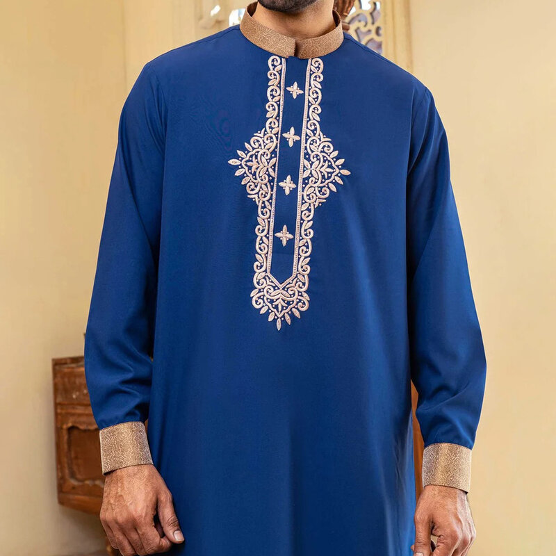 Niebieska haftowana koronka z długimi rękawami w stylu etnicznym arabska szata z dekoltem w kształcie litery "o" suknia wieczorowa z długim rękawem i do kostek