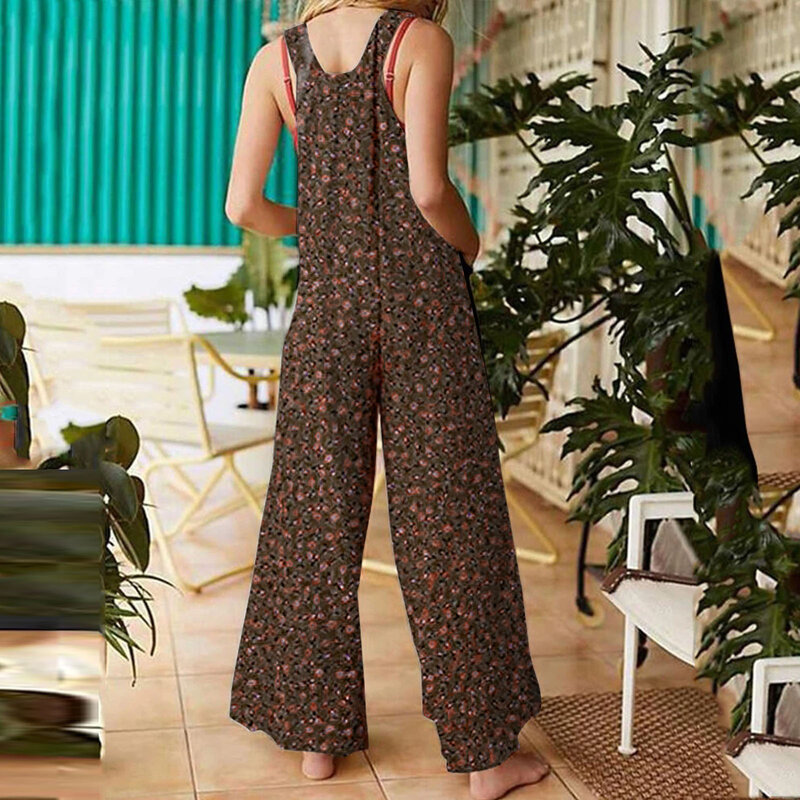 Macacão estilo étnico feminino, estampado retrô, macacão de botão com bolsos, cintura alta, solto, perna larga, confortável, tendência