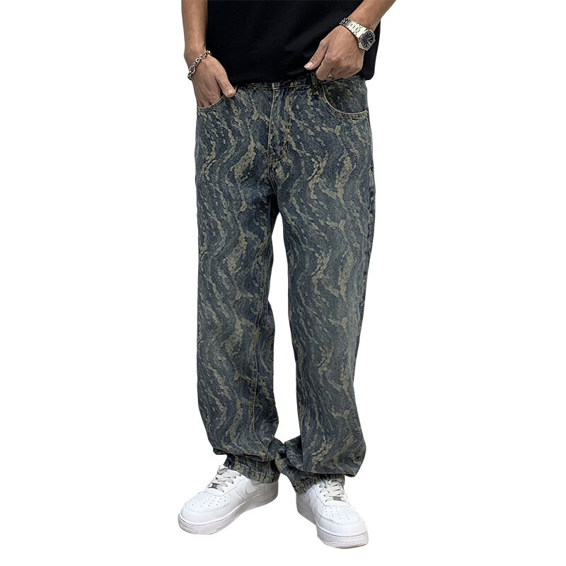 Celana jins pria, celana jins lelaki Hip Hop jalan tinggi Amerika kaki lebar merek mode lurus longgar desain keren jalanan