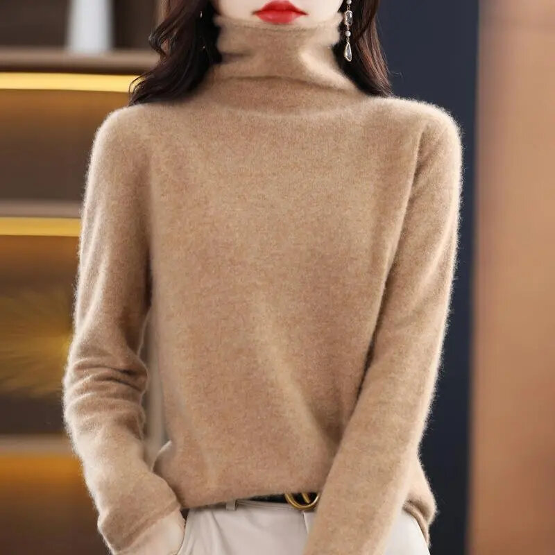 Элегантный женский свитер с высоким воротником, осенне-зимний пуловер, облегающие вязаные топы, повседневный джемпер с длинным рукавом, Женский пуловер