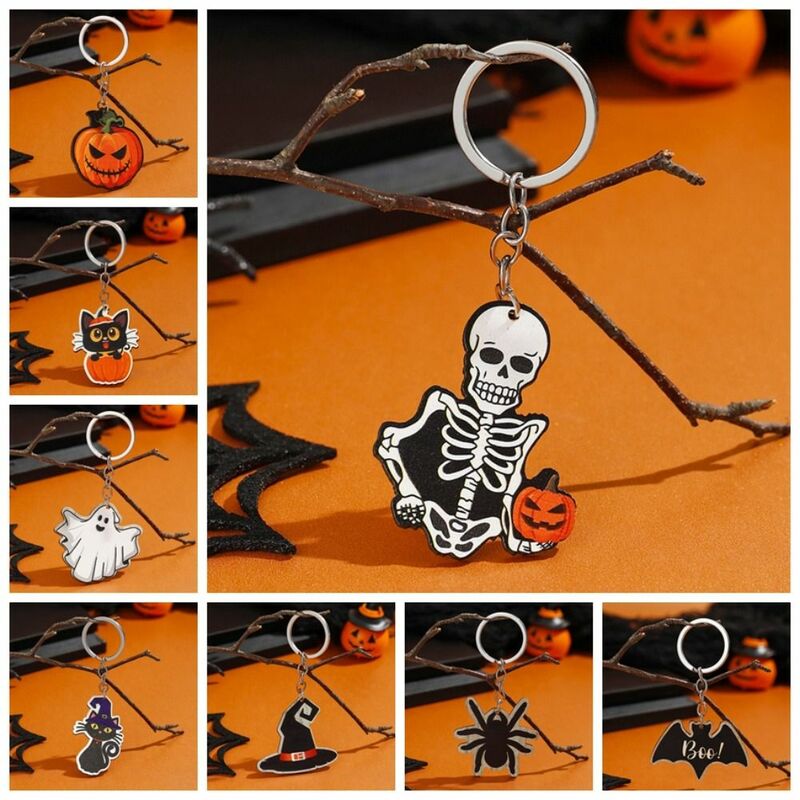 Car Hanging Pumpkin Ghost Witch Hat Keychain Bag Charms Bag Pendants Halloween Keychain Wooden Key Holder Party Gifts Jewelry