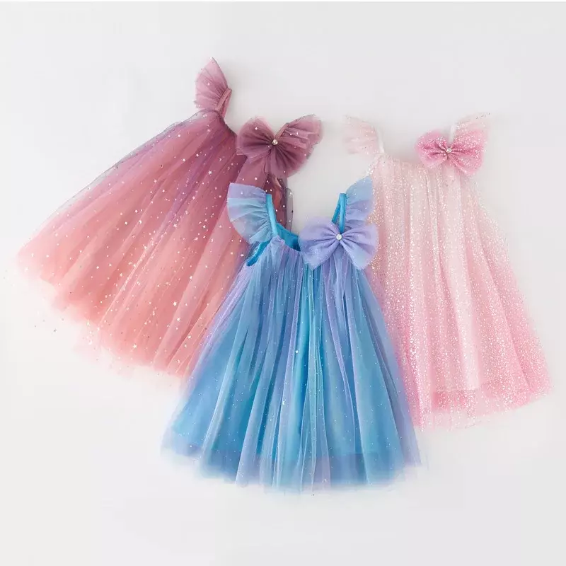 Vestido de festa feminino com arco, gradiente infantil, alça de fada 3D, malha, bonito, vestido de meninas florais, verão, 2-12 anos infantil