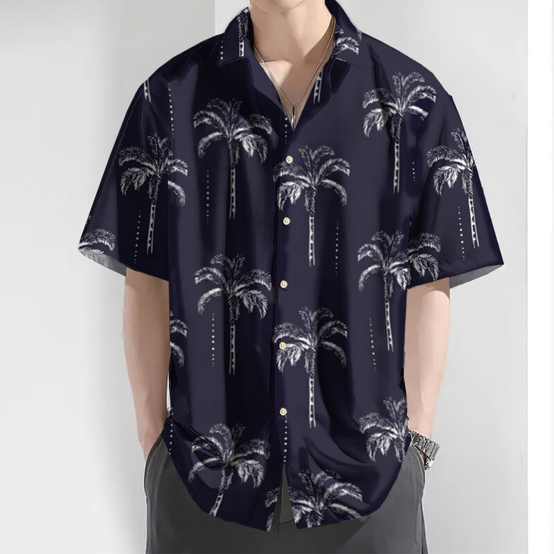 남성용 하와이안 반팔 셔츠, 코코넛 나무 프린트, 데일리 캐주얼 상의, 남성 의류, 루즈 오버사이즈 셔츠, 2024