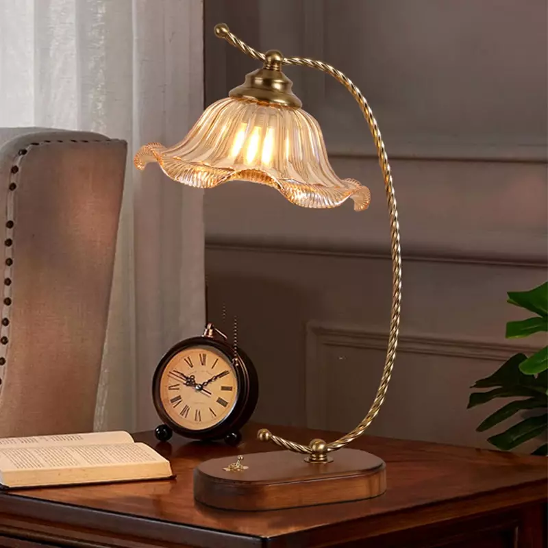 French Retro Light Luxury Bedside Lamps Bedroom Pleated Lotus Leaf Lampshade Button Switch E27 Glass Iron Solid Wood Table Light