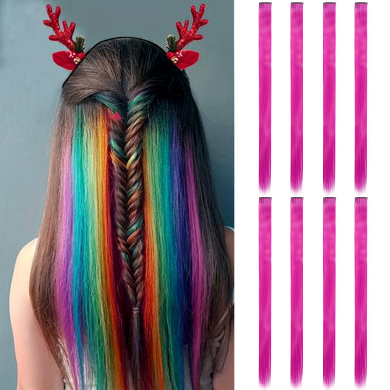 Extensions de cheveux synthétiques colorées à clipser, reflets de fête multicolores, postiches arc-en-ciel, 22 po, 8 pièces par paquet