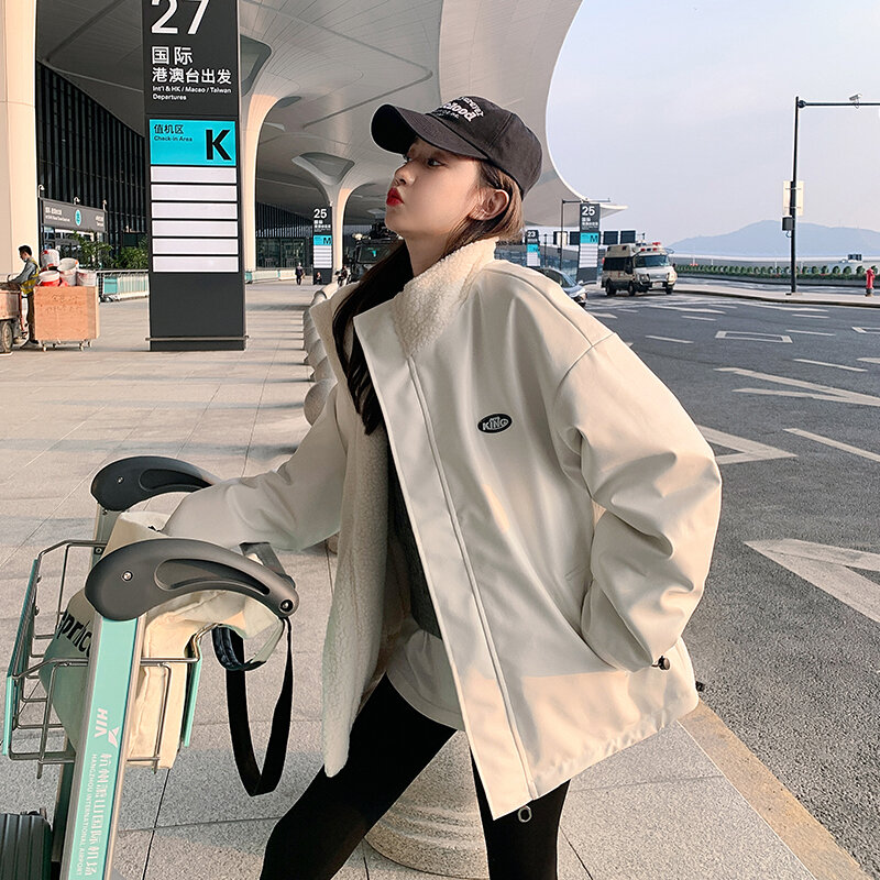 เสื้อปาร์เก้ผู้หญิง MODE Korea เสื้อขนแกะทรงหลวมคู่เสื้อแจ็คเก็ตผ้าฝ้ายหนัง PU ตัวสั้นใส่ได้ทุกวันสำหรับฤดูหนาว