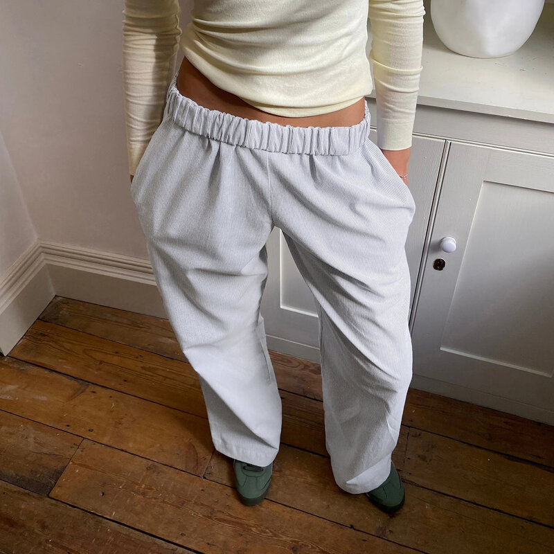 Combhasaki-calças listradas casuais para as mulheres, cintura baixa elástica, cor sólida, solto, transparente, com bolsos