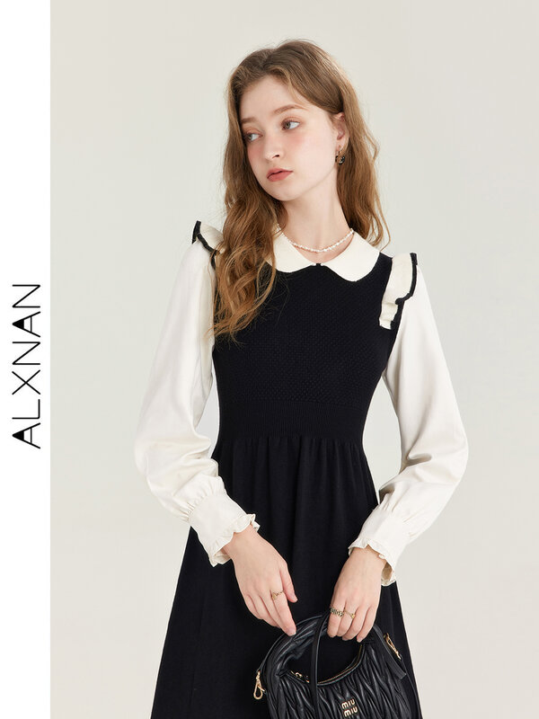 ALXNAN gaun kerah Prancis wanita T01007, pakaian wanita ramping elegan lengan panjang dua potong palsu baru musim gugur 2024