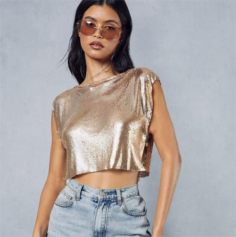 Camiseta sin mangas con lentejuelas de Metal personalizada para mujer, ropa interior Sexy, tendencia