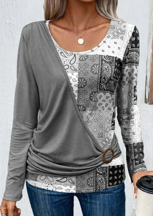 Jesienne i zimowe damskie bluzki z nadrukiem w jednolitym kolorze z nieregularnym okrągłym dekoltem koszulka z dzianiny sweter z długim rękawem