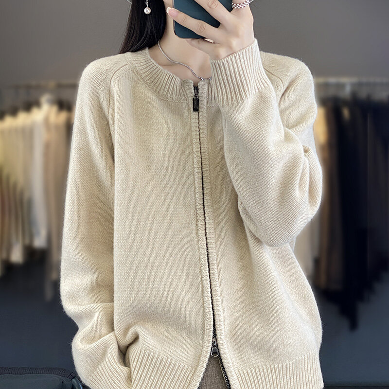 Jaket Sweater rajut wol wanita, kardigan kasmir leher bulat tebal warna polos ritsleting musim gugur dan dingin