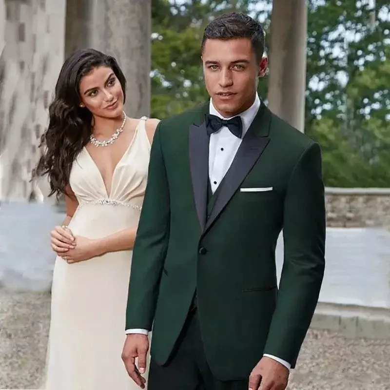 ชุดสูทสีเขียวของผู้ชายแจ็คเก็ตกางเกง3ชิ้นคอปกสูงสีดำกระดุมแถวเดียวเข้ารูปชุดปาร์ตี้งานแต่งงานสุดหรู