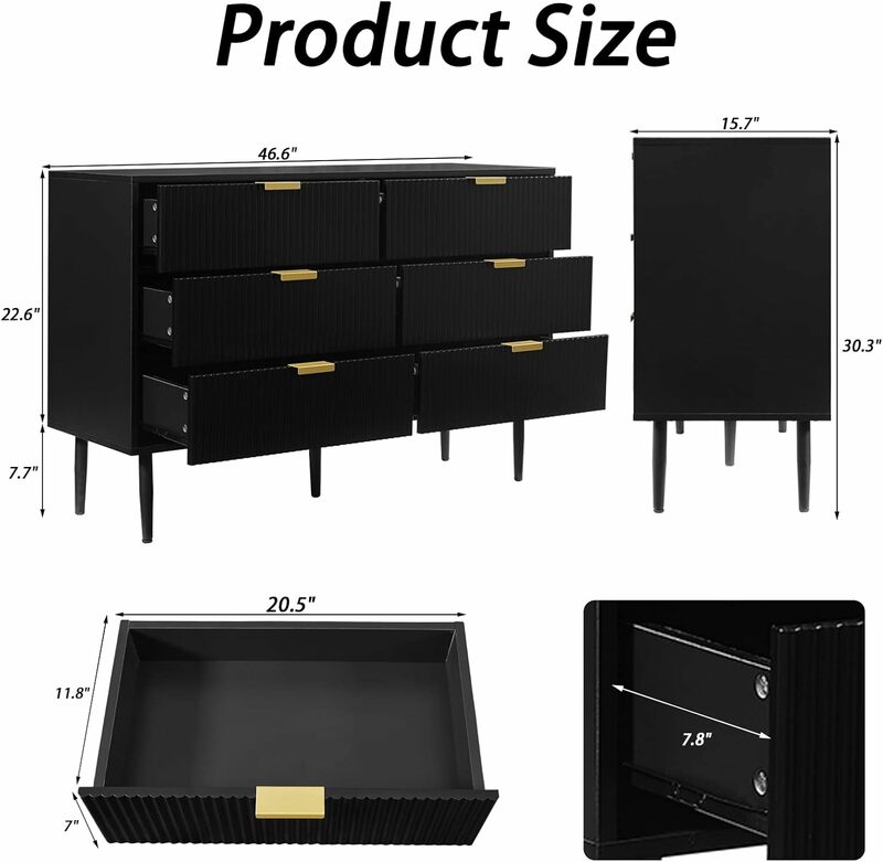 Okvnbjk Black Dresser for Bedroom, Modern 6 Drawer Dresser with Metal Handles, Small Wood Dresser Chest, Wide Storage Closet