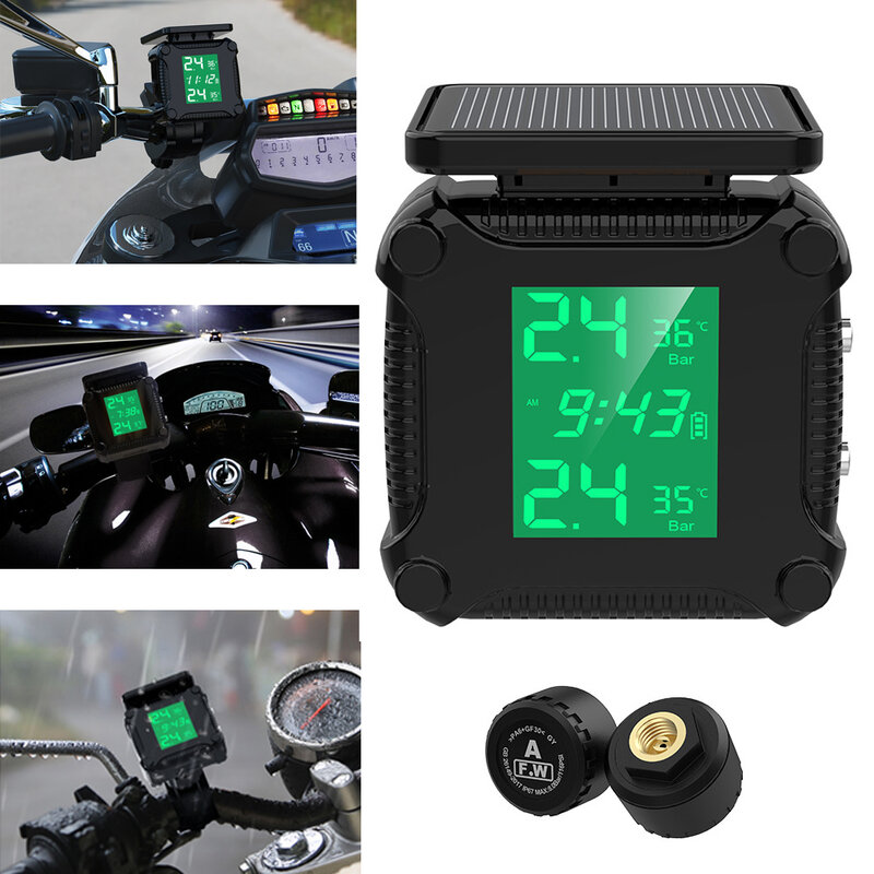 Sensores de presión de neumáticos solares para motocicleta, sistema de Monitor, alarma de prueba de neumáticos, herramienta de diagnóstico de advertencia, accesorios de moto, 0-8Bar, TPMS