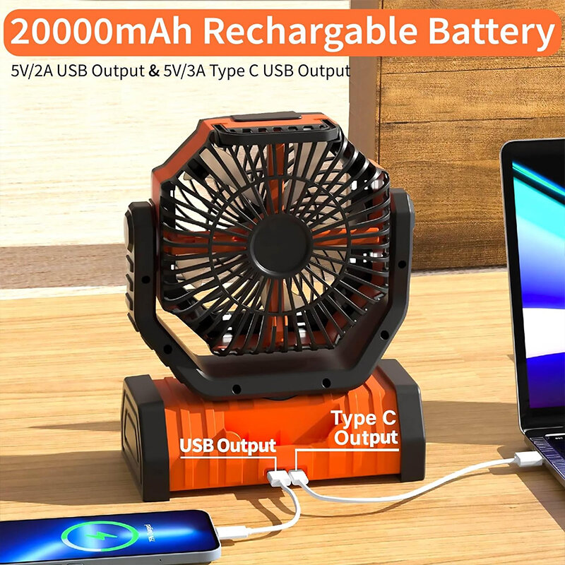 Camping Portable Desk Fan with LED Light, Rechargeable Quiet Camping Fan, Battery Operated with Hanging Hook for Home Bedroom