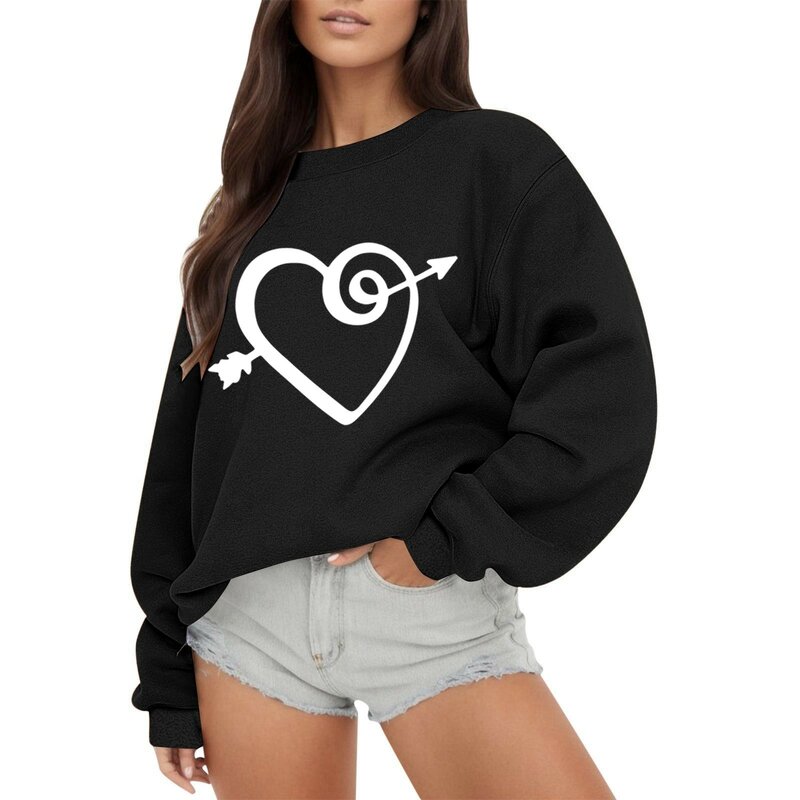 Women's Fashion Outdoor Valentine's Day Love Print Loose Solid Round Neck Long Sleeved Hoodie 5 Casual Long Sleeve