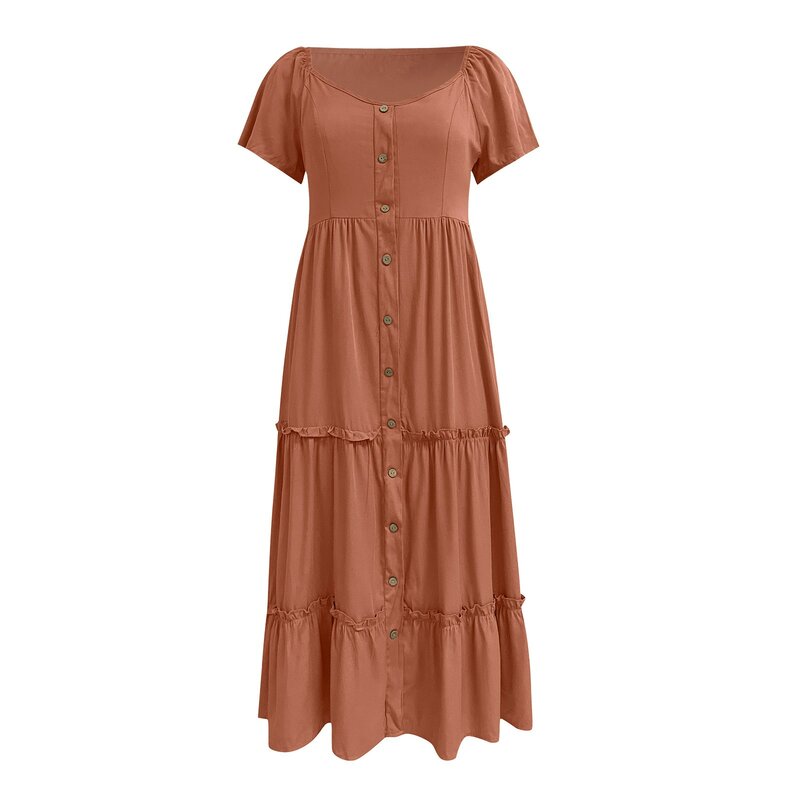 V-Neck Vintage Pleated Long Dress Women Summer Short Sleeve Buttoned Tiered Ruffle Elegant Midi Dress Boho Solid Casual Dresses