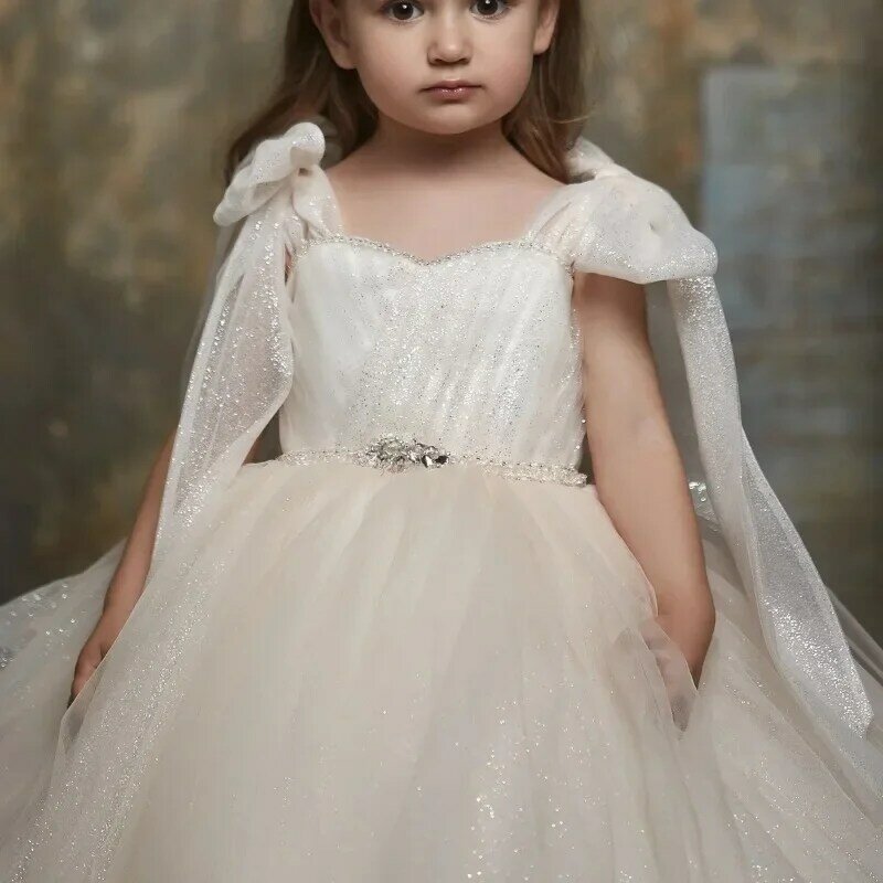 Bow Sleeves Flower Girl Dress Glitter Crepe Beaded Belt Lace Up Princess Baby Girl Birthday Party First Communion Wedding Gown
