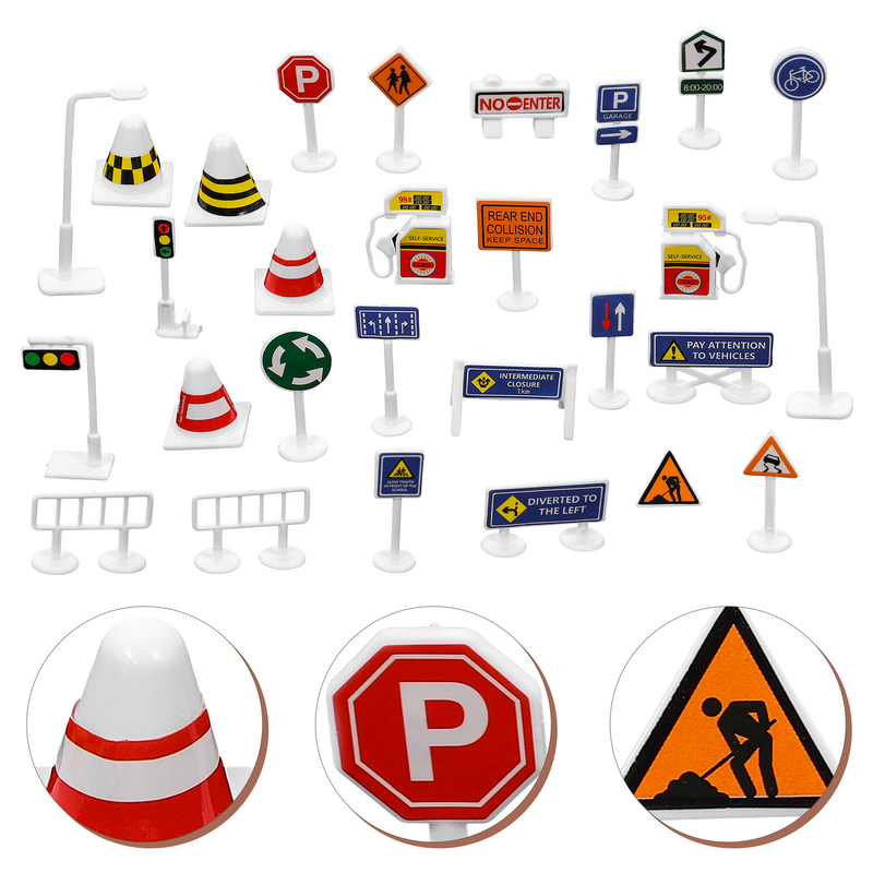 Mini señales de tráfico para niños, 28 piezas, Juego de piezas de carretera, lámpara de luz, juguetes de plástico para niños