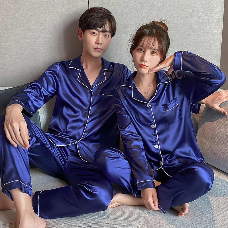 Conjunto de pijama de satén para hombre, ropa de dormir de manga larga, pantalones Pj de talla grande, de seda, para pareja