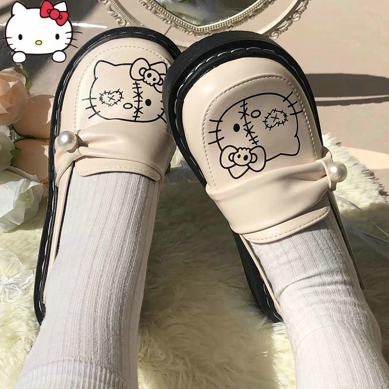 Zapatos de Hello Kitty JK de cabeza redonda para mujer, zapatos de cuero suave de fondo plano de estilo japonés coreano, moda de estudiante, zapatos de Lolita exterior