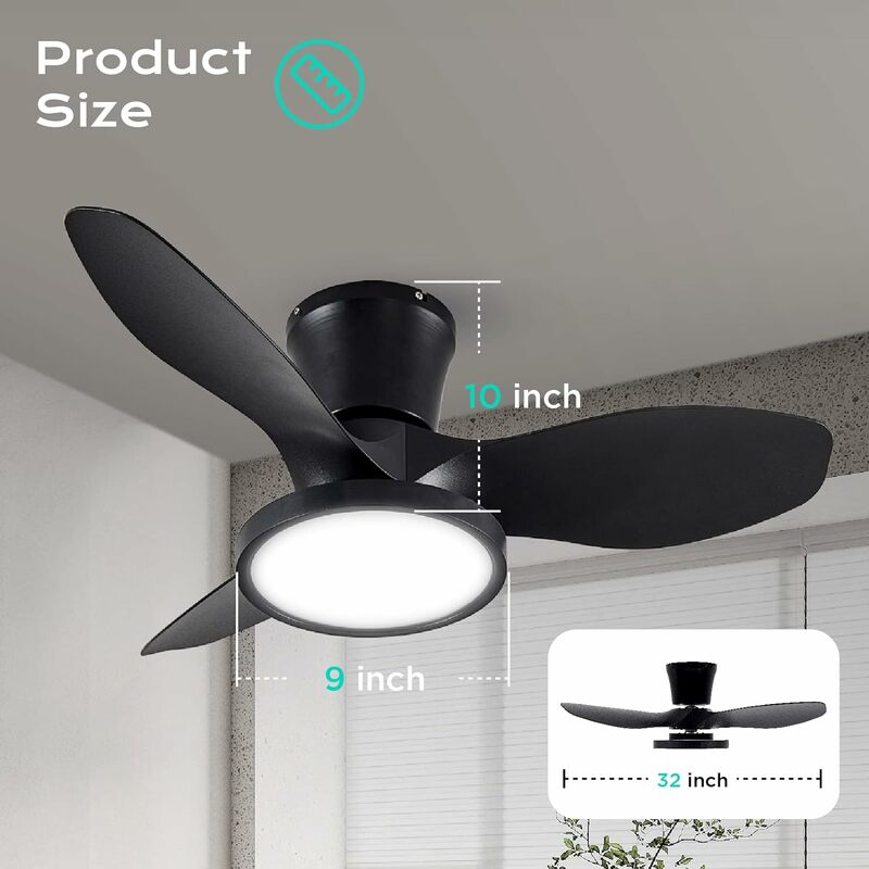 ocioc Quiet Ceiling Fan with LED Light DC Motor 32 inch Large Air Volume Remote Control for Kitchen Bedroom Dining Room Patio