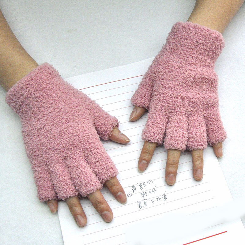 1คู่สีดำสีชมพู Half Finger ถุงมือครึ่งนิ้วสำหรับสตรีและผู้ชาย Soft Furry ข้อมือถักผ้าฝ้ายถุงมือฤดูหนาว Warm ออกกำลังกายถุงมือ