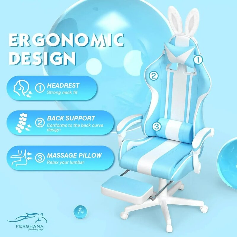 Kawaii Light Blue Gaming Chair with Bunny Ears, Cute Ergonomic Gamer Chair with Footrest and Massage, Racing Reclining Leather C