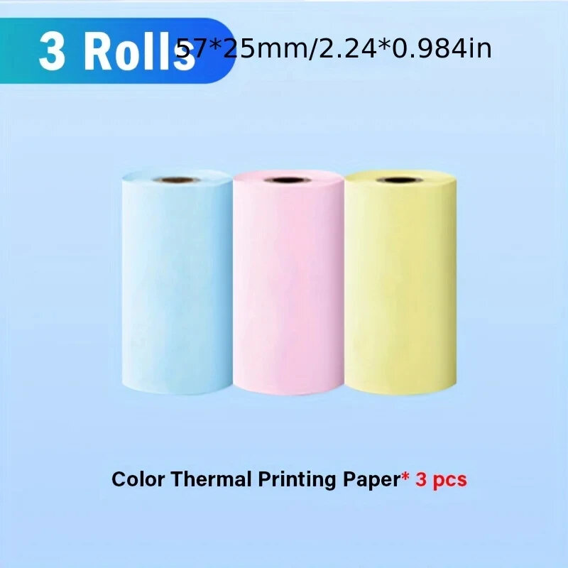 Kertas Printer Label termal 3 rol, kertas berperekat warna-warni Mini untuk Printer tanpa tinta foto nirkabel 57mm