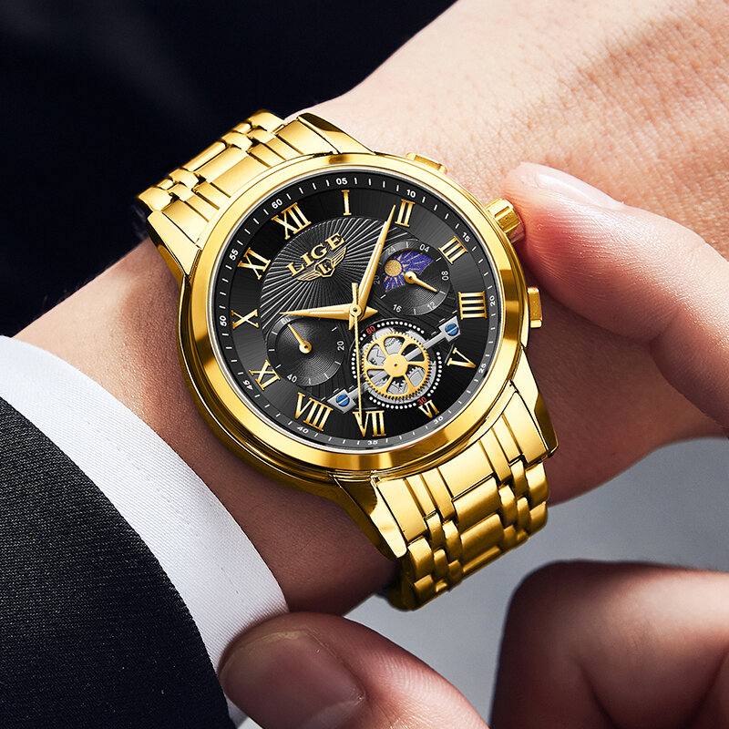 LIGE-Relógio de quartzo impermeável masculino, ouro, cronógrafo, relógios de pulso, esportes, marca superior, moda luxo
