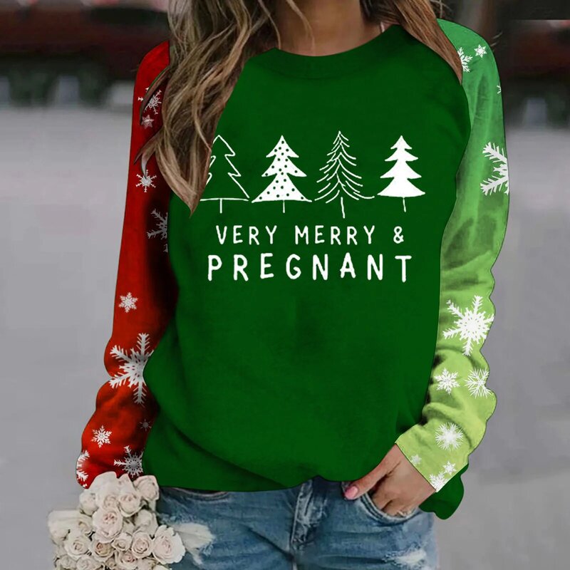 Womens Autumn And Winter Fashion Christmas Tree Print Two Color Long Sleeve Round Neck Casual Ladies Zip Front Sweatshirts