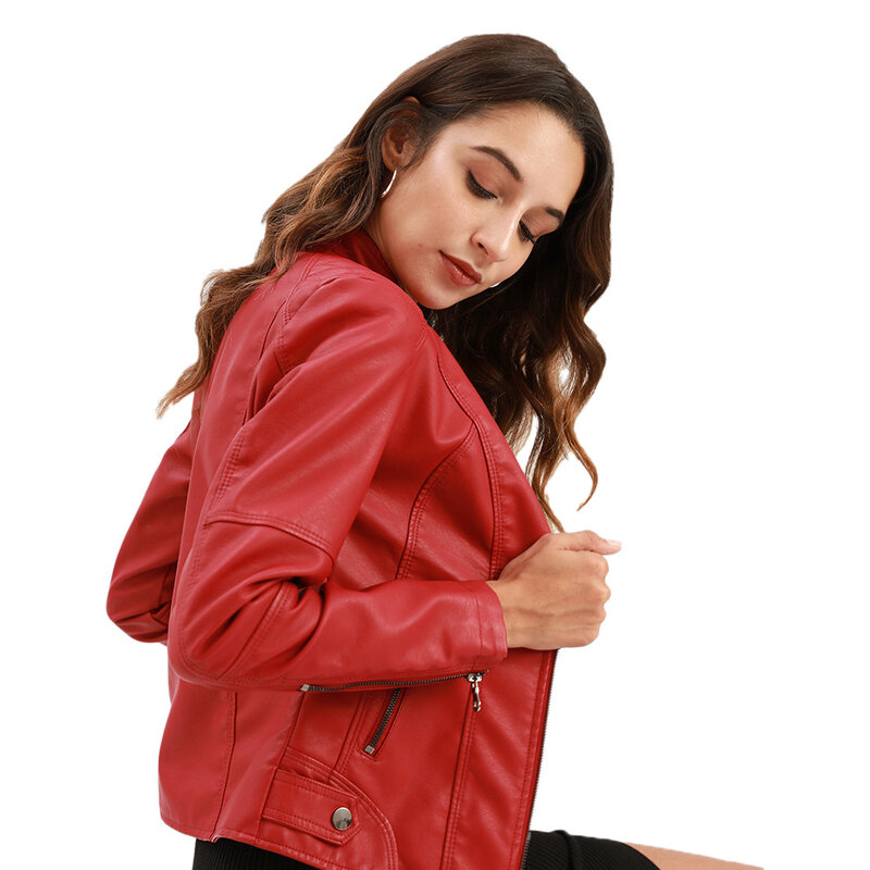 Chaqueta de cuero con cuello Vertical para mujer, abrigo informal de moda con cremallera, color negro y morado, color rojo, PU