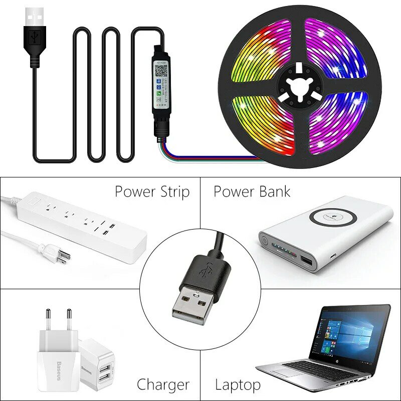 USB 블루투스 LED 스트립 조명, RGB 5050, 1m-30m 적외선 제어, 거실 리본 조명 램프, 발광 장식