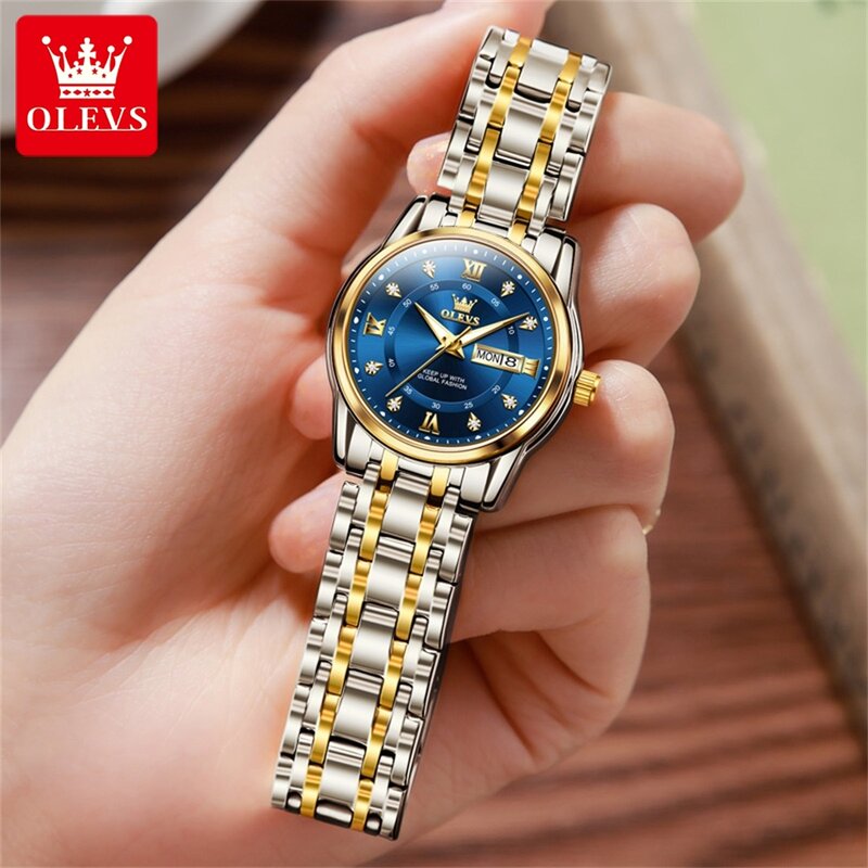 OLEVS jam tangan pasangan, sepasang jam tangan mewah Stainless Steel, tahan air, jam tangan kuarsa untuk kekasih, modis, 5513