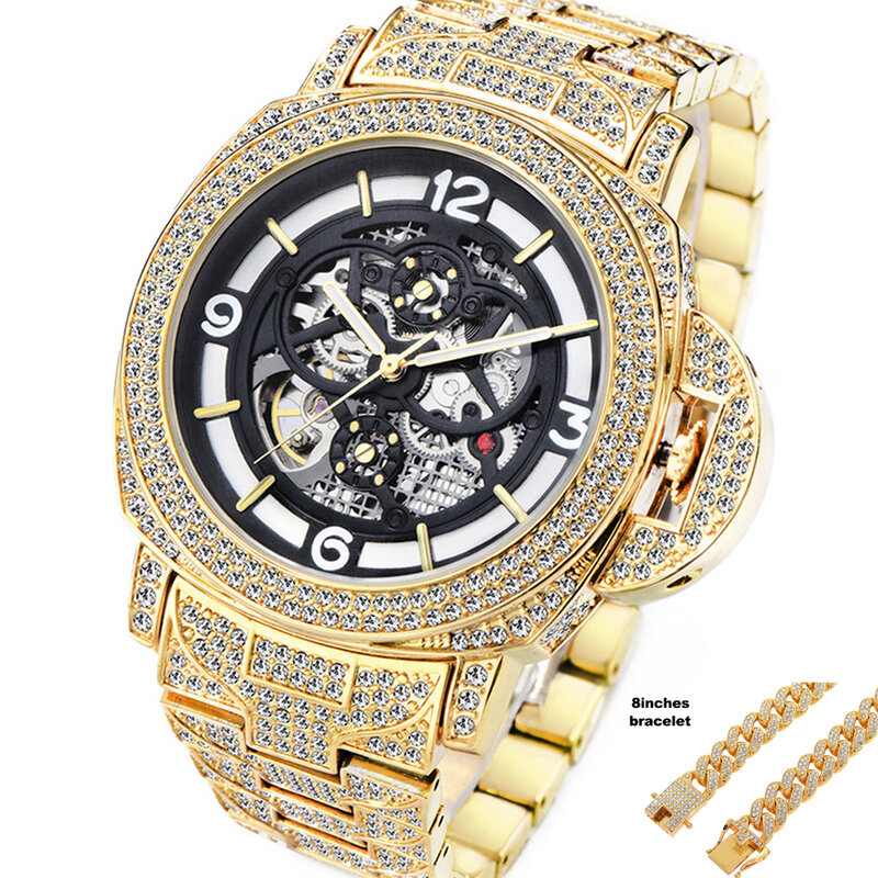 Iced Out Diamonds-Reloj de pulsera para hombre, accesorio masculino con mecanismo automático de Tourbillon y esqueleto, con cadena cubana, reloj mecánico dorado
