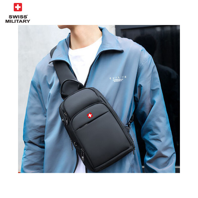 Bolsa de ombro antifurto suíça masculina, bolsa de nylon impermeável com estilinete USB, crossbody de lazer ao ar livre, bolsa de peito, moda