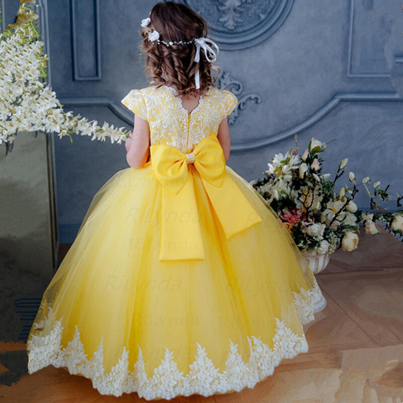 Gaun gadis bunga mengembang lengan panjang untuk pernikahan renda applique gaun kontes pertama balita