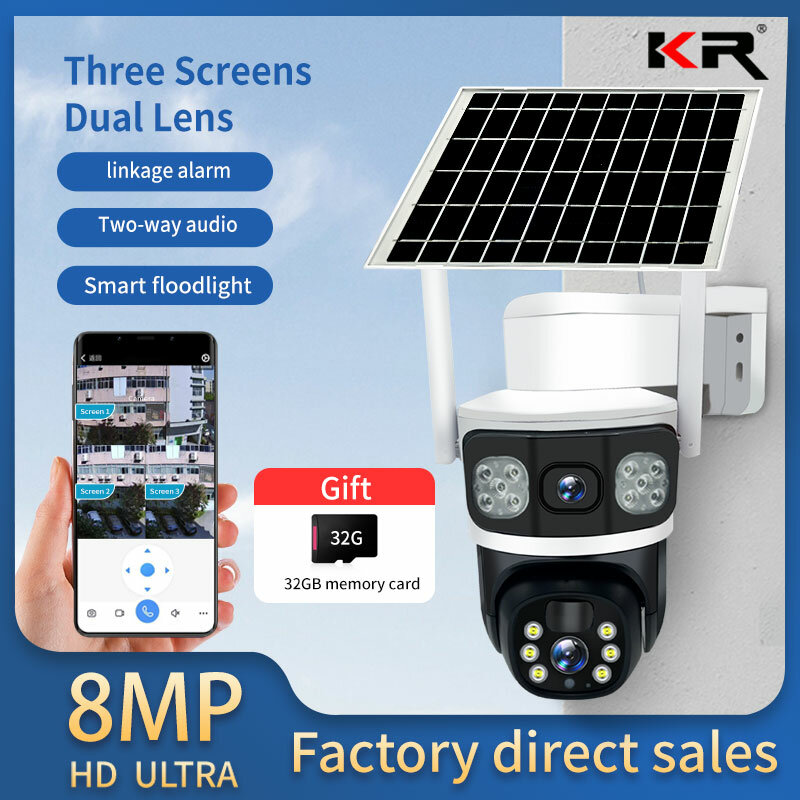 4K12MP Dual Lens Solar Camera Outdoor Security WiFi Surveillance Cameras With Solar Panel Human Detection 4G SIM PTZ CCTV Camera