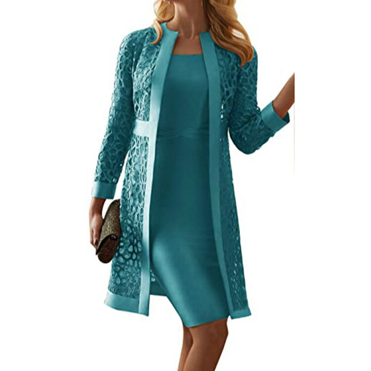 2024 new women's color lace cardigan dress two coats