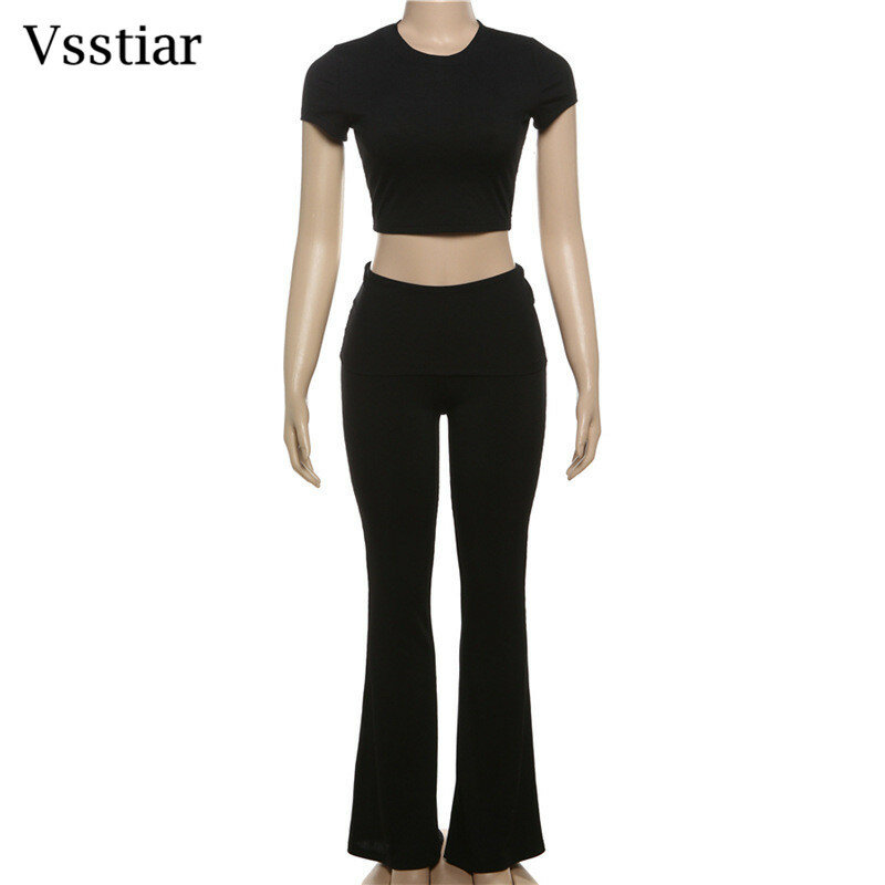Vsstiar-طقم نسائي كاجوال من قطعتين ، أكمام قصيرة ، قميص برقبة دائرية ، توب سادة ، بنطلون عالي الخصر ، بدلات متطابقة محبوكة ، موضة صيفية