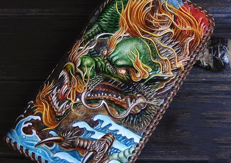 Artesanal de couro dragão zíper bolsa bolsas mulheres longo embreagem vegetal curtido carteira de couro presente do ano novo