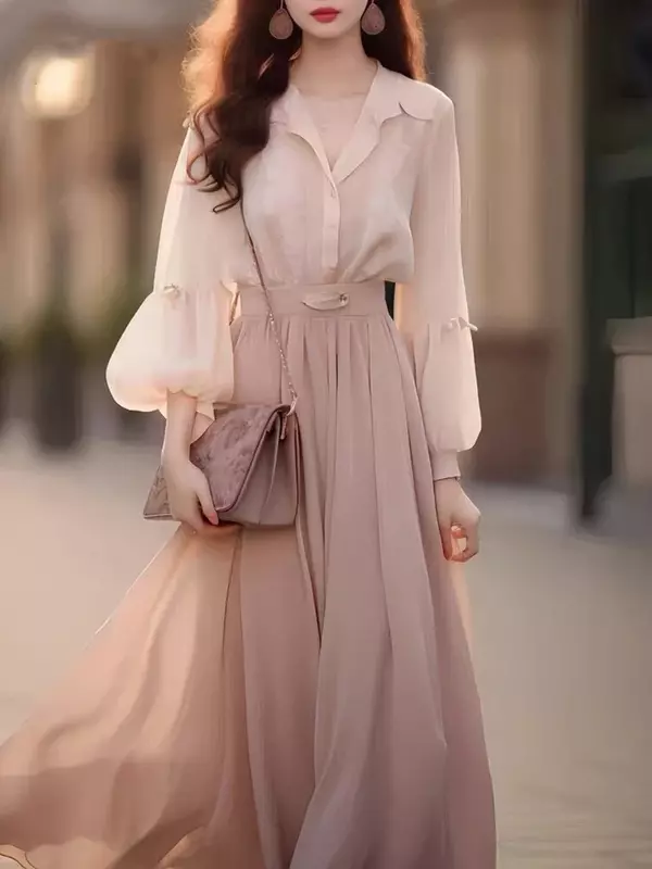 New Solid Color Long Sleeved Dresses Elegant Lady's Chic French Slim Fashion Two-Piece Street Dress The Fashionable Female