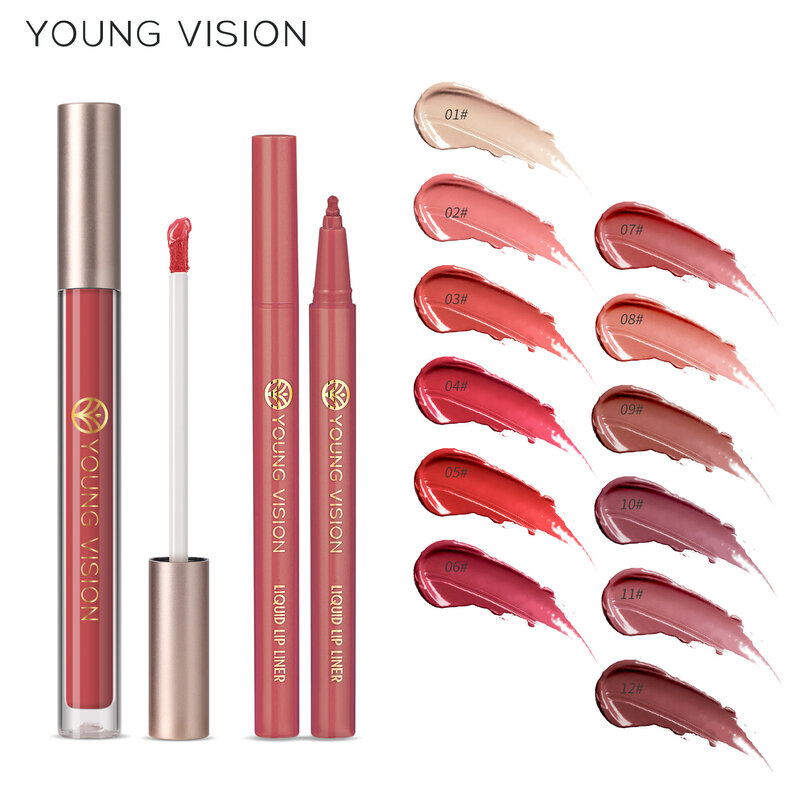 2 Pieces Lipstick and Lipliner in 1 Set, Rotatable Lipliner with Not Easy To Touch Cup Lip Glaze Together for 12 Colors