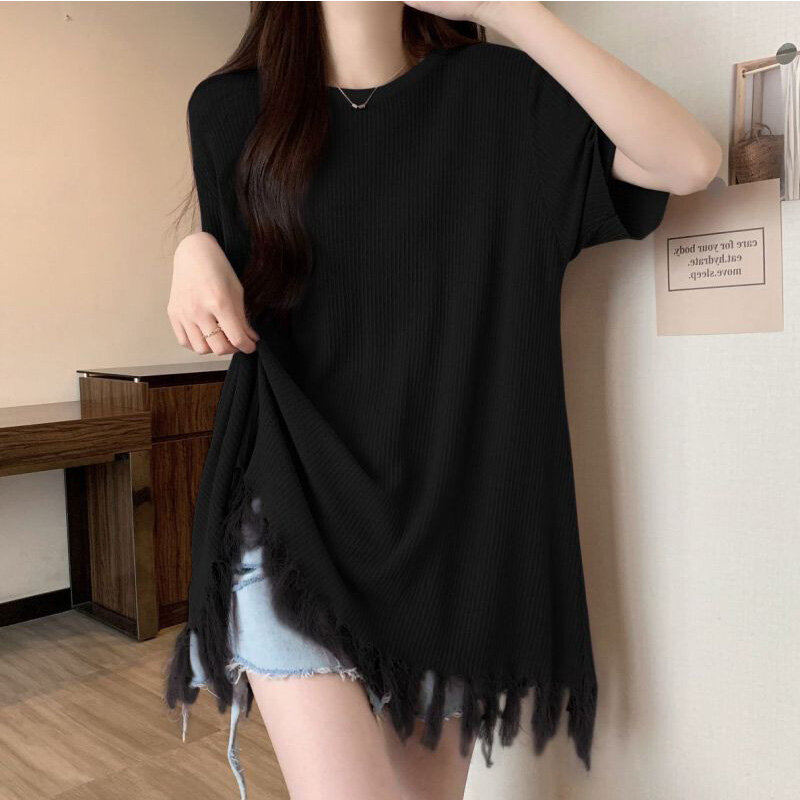2024 New Summer Elegant Fashion Retro Loose Casual Office Lady T-shirts for Women Oversized Solid O Neck Short Sleeve Chic Tops