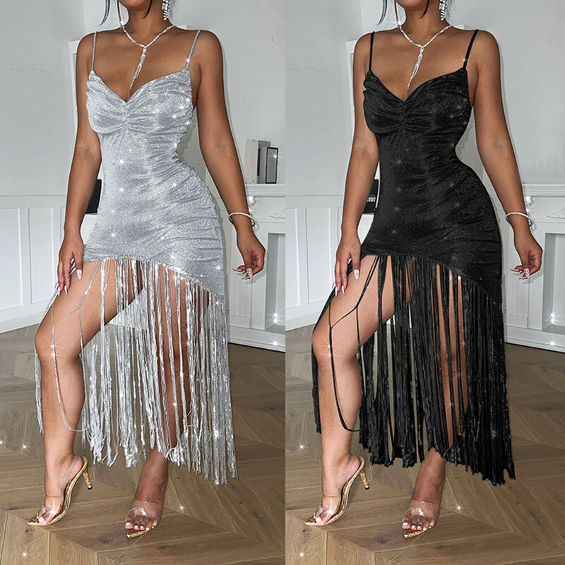 Kleider für Frauen dünne glänzende Pailletten Silber Quaste Saum sexy Schlinge V-Ausschnitt Kleid Party Club Kleid Rock Frauen Ballkleid