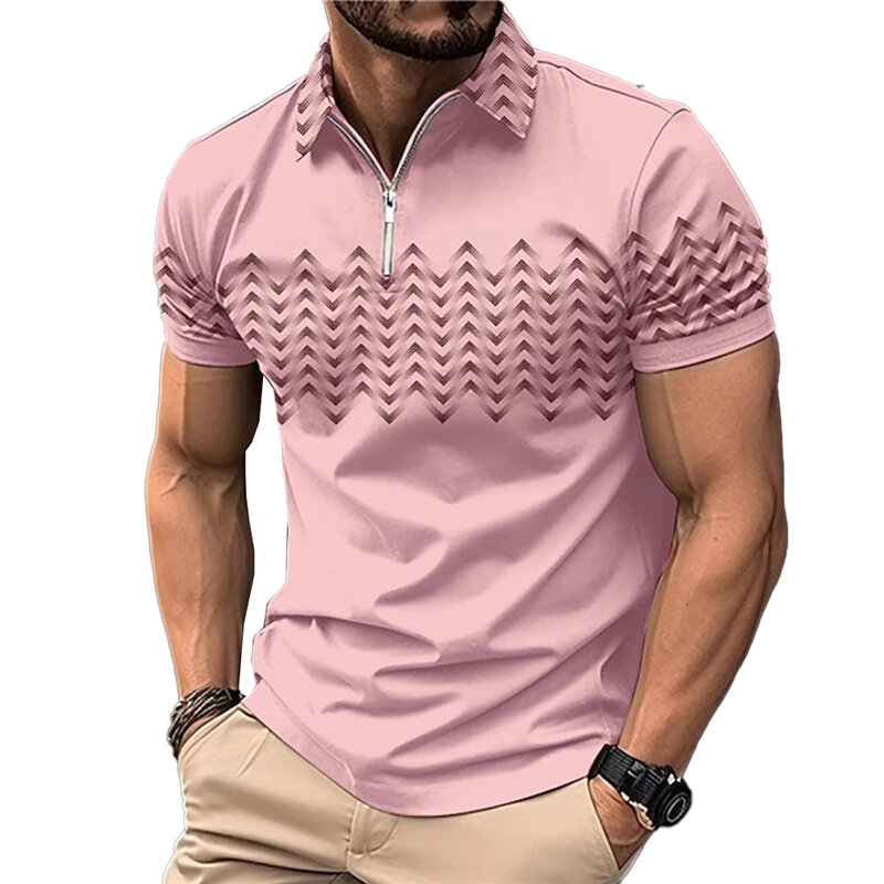 Camiseta muscular de manga curta masculina, Tops Estampados Ondas, Gola Zip, Tops Casuais, de Alta Qualidade, Amplamente Aplicável