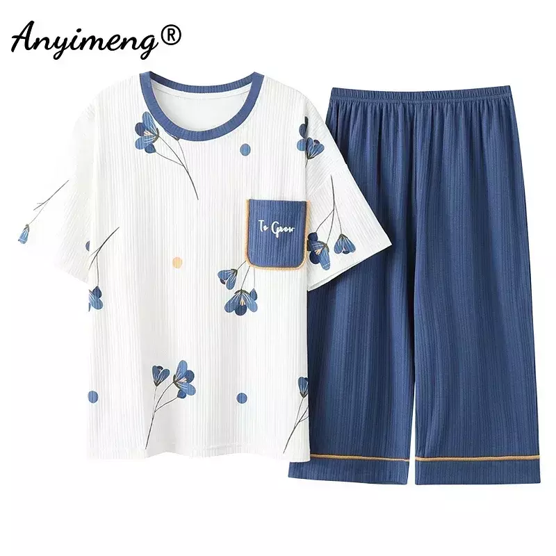 Conjunto de pijama feminino solto com comprimento de bezerro, roupa de dormir de algodão, roupa grande, roupas de verão, plus size, 4XL, 5XL, 2 peças