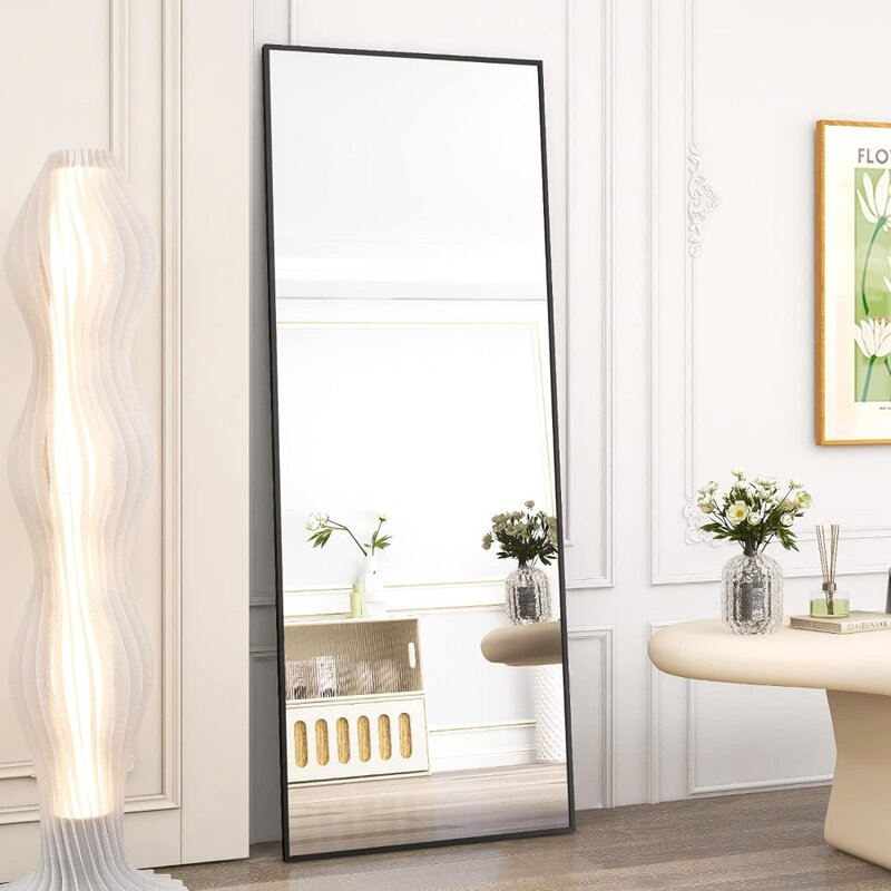 Full Length Mirror - 64"x21" Rectangle Floor Mirrors - Aluminum Frame Free-Standing Wall & Leaning Large Black Mirror
