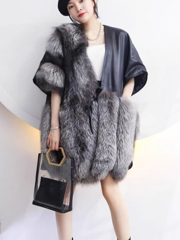 2023 wiosna wysokiej jakości luksusowe kobiety kobieta prawdziwe futro srebrnego lisa prawdziwa skóra owcza Oversize luźna krótka płaszcz z rękawami